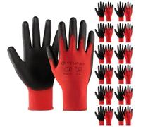 Velway 12 Pairs Safety Work Gloves - Firm Grip Gardening Gloves Non-Slip PU Coated Lightweight Breathable Protective Mechanic Builders Working Gloves Men Women for General Duty Work Red (Size 7/S)