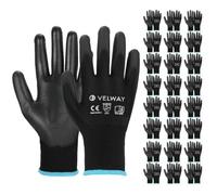 Velway 24 Pairs Safety Work Gloves PU Coated Secure Grip, Black, Size 10/XL | Breathable, Lightweight, Good Dexterity, EN388 Rated, Ideal for Gardening, Builders, Warehouse, General Duty Work