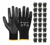 Velway 24 Pairs Safety Work Gloves PU Coated Secure Grip, Black, Size 8/M