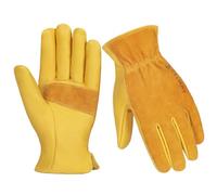 Velway Gardening Gloves for Men Women - Thick Thorn Proof Cowhide Leather Work Gloves - Heavy Duty Protective Gloves with Reinforced Palm Comfortable Cotton Lined for Garden Mechanic - Yellow L/9