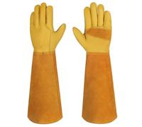 Velway Long Leather Gardening Gloves - Reinforced Palms Thorn Proof Work Gloves Breathable Cotton Lined Men Women Protective Gloves for General Yard Work Farm Warehouse Construction 1 Pair Yellow