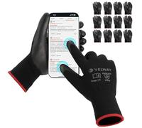 Velway Work Gloves Touchscreen with Grip - 12 Pairs PU Coated Mechanics Gloves for Men Women - Lightweight Breathable Seamless Knit for Gardening Warehouse General Duty Work - Black Size 7/S