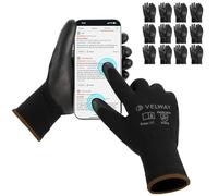 Velway Work Gloves Touchscreen with Grip - 12 Pairs PU Coated Mechanics Gloves for Men Women - Lightweight Breathable Seamless Knit for Gardening Warehouse General Duty Work - Black Size 9/L