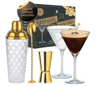 Vemacity Glass Cocktail Making Kit + 2 Ribbed Martini Glasses with Gold Rims | 450ml Glass Shaker with Gold Lid & Strainer, Spoon & Jigger | Luxury Cocktail Gift Set in Box