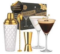 Vemacity Glass Cocktail Making Kit + 2 Ribbed Martini Glasses with Gold Rims | 500ml Glass Shaker with Gold Lid & Strainer, Spoon & Jigger | Luxury Cocktail Gift Set in Box | Ideal for Christmas
