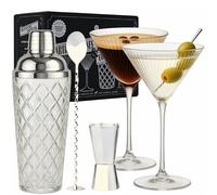 Vemacity Luxury Bar Tool Set | 16oz Glass Cocktail Shaker + 2 Ribbed Martini Glasses & Silver Cocktail Accessories: Spoon, Jigger | Elegant Mixology Bartender Kit | Bar Set for Home