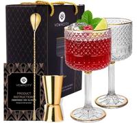 Vemacity Luxury Gin Glasses Set of 2 w/Gold Rims | Includes Gold Spoon, Spirit Measure & Pourer | Crystal Gin Glass Gifts for Women | Aperol Spritz Gift Set & Cocktail Glasses | Ideal for Christmas