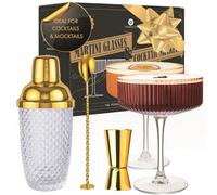 Vemacity Luxury Glass Cocktail Shaker Set | 500ml Gold Shaker w/Inbuilt Strainer + Ribbed Espresso Martini Glasses Set of 2 | Gold Spoon & Jigger | Cocktail Making Kit | Ideal for Christmas