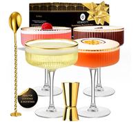 Vemacity Ribbed Espresso Martini Glasses with Gold Rims, Spoon & Jigger | 300ml Coupe Cocktail Glasses Set of 4 | Champagne Saucers | Large Cocktail Glass | Martini Glass | Ideal for Christmas
