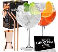 Vemacity Ribbed Gin Glasses Set of 2 (550ml) | Crystal Balloon Gin & Tonic Glasses with Rose Gold Jigger, Spoon & 2 Metal Straws | Luxury Cocktail & Aperol Spritz Glass Gift Set | Ideal for Gifting