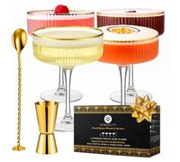 Vemacity Ribbed Martini Glasses Set of 4, Bar Tools, Coupe Cocktail Glasses | Margarita Glasses for Cocktails & Champagne; Handmade Gold Rim Coupe Glasses; Gold Jigger & Bar Spoon; 300ml Cocktail Glasses