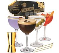 Vemacity Ribbed Nick & Nora Cocktail Glasses Set of 4 with Gold Rims & Bar Tools | Ribbed Nick and Nora Glasses Set of 4 (5.1oz) | Versatile Port Wine, Sherry, Wine, ni, Coupe Martini Glassware