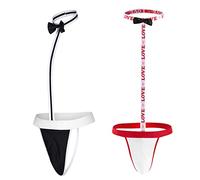 VemeFufu Men's Waiter Butler Teddy Mankini Cosplay for Men UK Hot Funny String Bow Tie Bowknot Costume Novelty Gift Black + Red LOVE Thongs Bodysuit