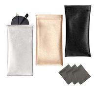 Vemiss 3 Pack PU Leather Eyeglass Pouch, Squeeze Top Soft Portable Sunglasses Pouch with 3 Cleaning Cloths for Women Men, Silver Copper Black, 7x3.5 inches(L x W)