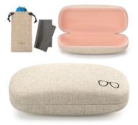 Vemiss Hard Shell Eyeglasses Case Soft Linen Fabrics Portable Glasses Sunglasses Box (Large, Khaki+Pink)