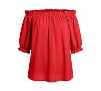 VEMOW Crop Tops for Women UK Elegant Off the Shoulder Blouse Elastic Bardot Neck Puff Sleeve Cold Shoulder Tops Loose Casual Summer Top Dressy Blouse for Holiday Vacation Office(Red,M)
