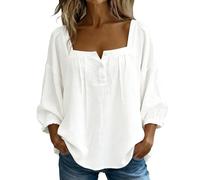 VEMOW Smock Tops for Women UK Button Up Square Neck Blouse 3/4 Balloon Sleeve Tunic Tops Oversized Cute Basic Tees Ladies Summer Top Loose Fit Lounge Wear Dressy Casual Shirt