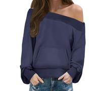 VEMOW Sweatshirts for Women UK Off The Shoulder Sweatshirts with Pocket Oversized Loose Long Sleeve Fall Tops Trendy Jumper Tunic Blouse Causal Pullover Sweatshirt for Leggings(Navy,XL)
