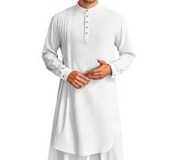 VEMOW Thobe For Men Long Sleeve Kaftan Mens Cotton Linen Muslim Robe Button Up Long Gown Lightweight Side Pleated Mens Linen Shirts Loose Fit Casual Tunic Plain Abaya(White,S)