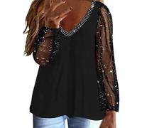 VEMOW Women Blouses Glitter Sheer Mesh Long Sleeve Top Sparkly Sequins V-Neck Dressy Tunic Tops Shirt Festival Party Blouse Large Size Loose Casual Pullover T-Shirt with Legging