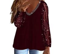 VEMOW Women Blouses Glitter Sheer Mesh Long Sleeve Top Sparkly Sequins V-Neck Dressy Tunic Tops Shirt Festival Party Blouse Large Size Loose Casual Pullover T-Shirt with Legging(Red,XL)