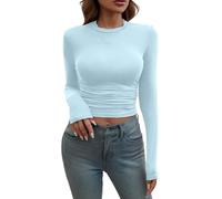 VEMOW Women Casual Crop Tops Crew Neck Long Sleeve Tight T-Shirt Jersey Plain Stretchy Layering Slim Fit Y2K Basic Top Going Out Tee Tops Blouse Aesthetic Streetwear(BU1,XS)