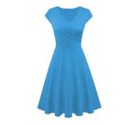 VEMOW Women Dresses Solid Color V Neck Cap Sleeve T Shirt Dress High Waist Slim Fit Basic Casual Dress Women's Retro Plain Ruched Tee Dress Elastic Pleated A-line Swing Midi Dress(Light Blue,XL)