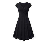 VEMOW Women Dresses Solid Color V Neck Cap Sleeve T Shirt Dress High Waist Slim Fit Basic Casual Dress Women's Retro Plain Ruched Tee Dress Elastic Pleated A-line Swing Midi Dress(Black,S)
