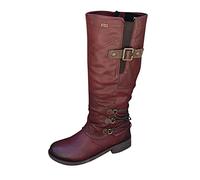 VEMOW Women’s Thigh High Boots with Low Block Heels Winter Round Toe Side Zip up Knee High Long Boot Ladies Walking Riding Boot Wine