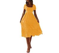VEMOW Women's Beach Dress Floral Print Casual Summer Dresses Square Neck Bubble Sleeves Ruffle Vacation Dress Flowy Pleated A Lline Midi Floral Dress High Waist Evening Party Dress(Yellow,S)