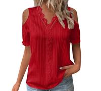 VEMOW Women's Blouses Solid Color Lace V Neck Dressy Tunic Tops Elegant Off Shoulder Short Sleeve T-Shirt Summer Fashion Pleated Tee Shirt Trendy Blouse Shirt(A Red,M)