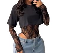 VEMOW Womens Bodysuits Round Neck Crop Top Patchwork Lace Long Sleeve Bodysuit Women Party Club Leotard Going Out Tops Sheer Mesh Top See Through Floral Lace Bodysuits Jumpsuit(Black,3XL)