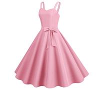 VEMOW Women's Cocktail Dress 1950s Vintage Solid Color Rockabilly Swing Dress V-Neck Sleeveless Spaghetti Strap Evening Party Dress Pleated A Lline Pinup Prom Dance Gown with Bow(Pink,XL)