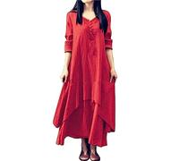 VEMOW Women's Cotton and Linen Casual Maxi Dress Solid Color Vintage Double Layer Flowy Pleated A-Line Long Dress Loose Long Sleeve V-Neck Button Beach Dresses Holiday Vacation(Red,L)