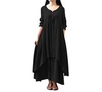 VEMOW Women's Cotton and Linen Casual Maxi Dress Solid Color Vintage Double Layer Flowy Pleated A-Line Long Dress Loose Long Sleeve V-Neck Button Beach Dresses Holiday Vacation(Black,M)