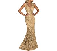 VEMOW Women's Evening Gowns Glitter Sequins Formal Evening Party Maxi Dress Backless V-Neck Long Prom Dress Elegant Slim Fit Sleeveless Sparkling Cocktail Ball Gown(Gold,XXL)
