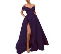 VEMOW Women's Maxi Dress Off Shoulder V-Neck Evening Gowns Empire Waist High Slit Long Evening Dresses Pleated A Lline Prom Party Dress Wedding Guest Bridesmaid Dress(Dark Blue,XXL)