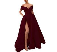 VEMOW Women's Maxi Dress Off Shoulder V-Neck Evening Gowns Empire Waist High Slit Long Evening Dresses Pleated A Lline Prom Party Dress Wedding Guest Bridesmaid Dress(Wine,L)
