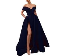 VEMOW Women's Maxi Dress Off Shoulder V-Neck Evening Gowns Empire Waist High Slit Long Evening Dresses Pleated A Lline Prom Party Dress Wedding Guest Bridesmaid Dress(Black,3XL)