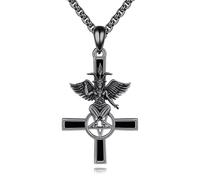VENACOLY Baphomet Necklace 925 Sterling Silver Baphomet Pendant Inverted Cross Demon Necklace Satanic Gothic Punk Jewellery for Women Men (Black)