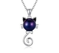 VENACOLY Black Pearl Cat Necklace Sterling Silver Cat Pendant Black Pearl Jewellery Christmas Gifts for Women Mum