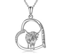 VENACOLY Highland Cow Necklace Sterling Silver Heart Pendant Scotland Cow Mother's Day Jewellery for Women Mum