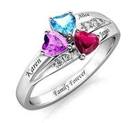 VENACOLY Personalized 925 Sterling Silver Mothers Ring - Heart Shape 2/3 Birthstone Engraved Name Promise Engagement Anniversary Ring for Her