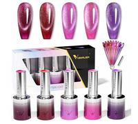 VENALISA Cat Eye Gel Nail Polish Set 5 Colours Red Pink Purple with Magnet & a DIY Nail Tips & Colored Labels Collection Soak Off UV Gel for Stunning Autumn Winter Nail Art Design GC09