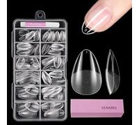 Venares 120pcs Short Almond Artificial Nails Set, ABS Material, 11 Sizes, Gel Nails, Nail Tips with Glue, Nail Buffer Block, Transparent