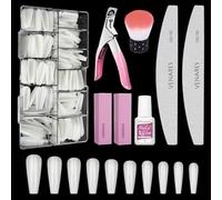 Venares Acrylic Fake Nail tips Set, 500 Pieces Ballerina Tips for Gel Nails, 10 Sizes Natural Full Cover False Tips Nails with Nail Glue Nails File Nail Buffer Block Nail Brush Nail Clippers and Box