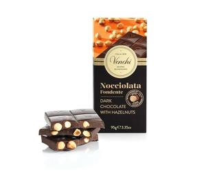Venchi - 60% Dark Chocolate with Hazelnuts Bar, 95g, with Whole "Piedmont Hazelnut", Gluten-Free, Vegan, No Colourants or Preservatives