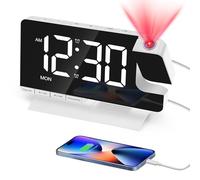 Venchin Alarm Clocks Bedside: Projection Clock with 180°Projector, Daul Alarm, Snooze, 12H/24H & DST, LED Screen Mirror with 6 Dimmable, 2 USB Charging Port, Mains Powered Digital Clock for Bedroom