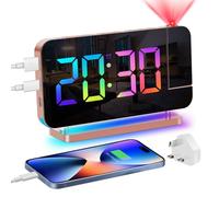 Venchin Alarm Clocks Bedside: Projection Clock with 180° Rotate Projector Time Flip USB Charging Port Night Light Snooze 12H/24H 7.4" LED Digital Mirror Clock with UK Adapter