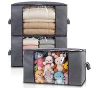 Vencier 90L Clothes Storage Bags (3-Pack) - Large Foldable Organizers with Lids, Reinforced Handles & Clear Window for Duvets, Blankets, and Bedding - Durable Fabric Moving Bags (3, Grey, 90L)